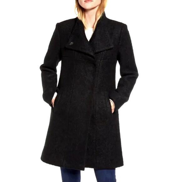 Kenneth Cole Womans 10 Long Wool Trench Coat Snap Button Front Black L - Picture 1 of 8